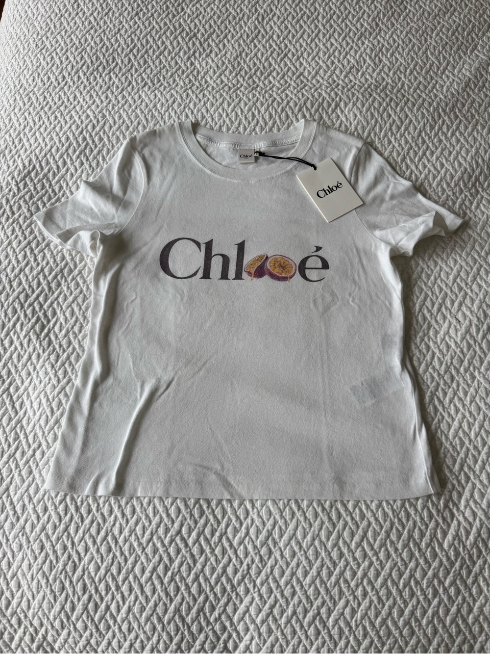 Chloé White Short Sleeve Logo Tee with Purple & Yellow Fruit Detail
